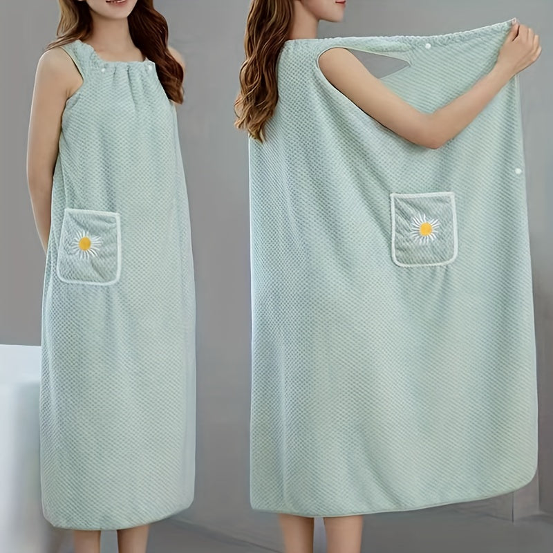 Light Blue Extra-Long Coral Fleece Bath Towel with Daisy Pocket - Super Absorbent, Machine Washable, Soft & Durable for Bathroom Use, Robe Wear | Detailing | Light Blue Coral Fleece
